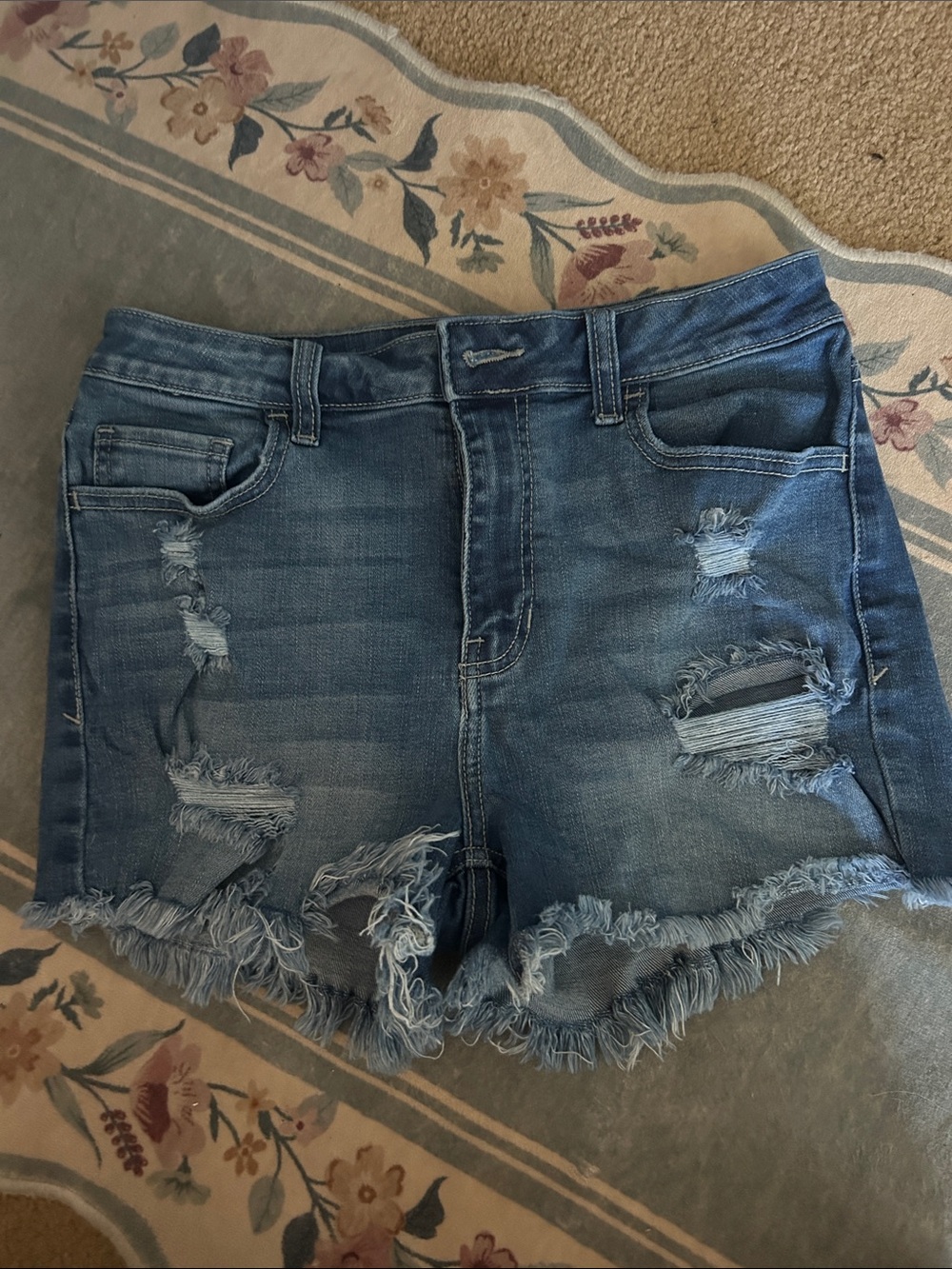 Denim Distressed Frayed Hem Women's Shorts - Blue